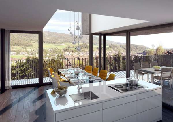 3D Visualisierung - Essbereich mit Kücheninsel und Terrasse